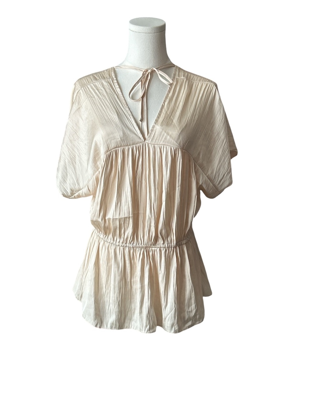 BCBGMaxAzria Women's Ivory Peplum Cinched Waist Tie-Neck Top Blouse Size Large